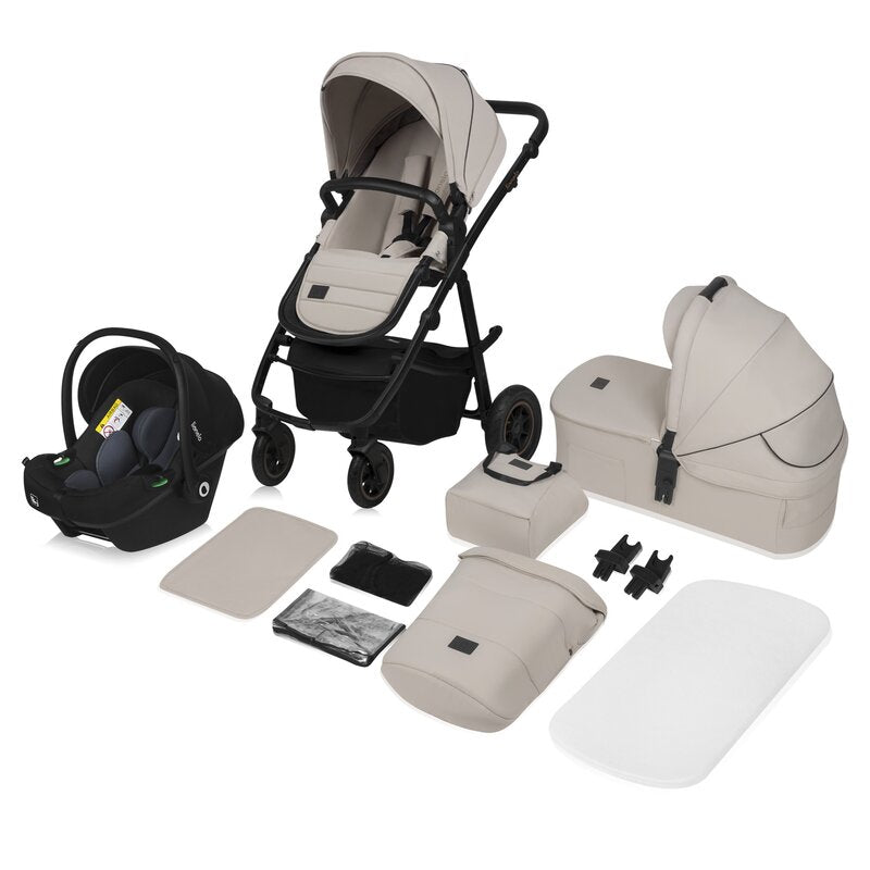 Carucior 3 in 1, Lionelo, Amber Plus, Cadru aluminiu, Cu landou intarit si salteluta moale, Cu scoica auto testata ADAC, Reversibil, Maner ajustabil, Cu accesorii, Cu ventilatie panoramica 3D, Pana la 22 kg, EN1888-1, EN1888-2, EN1466, ECE R129, Bej