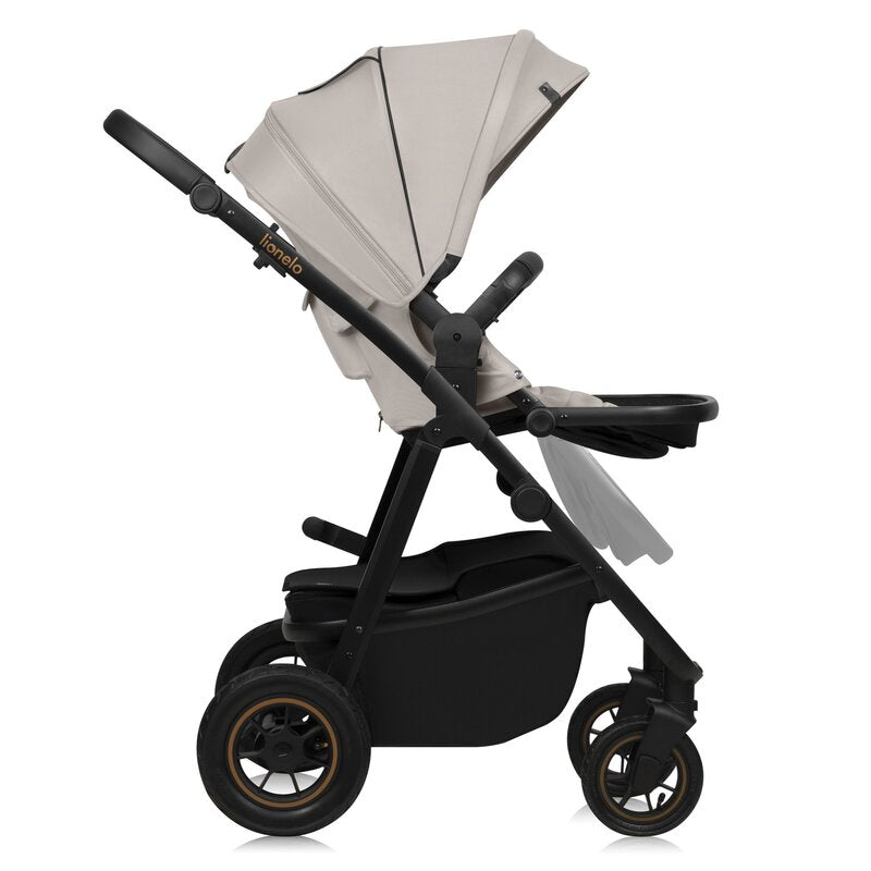 Carucior 3 in 1, Lionelo, Amber Plus, Cadru aluminiu, Cu landou intarit si salteluta moale, Cu scoica auto testata ADAC, Reversibil, Maner ajustabil, Cu accesorii, Cu ventilatie panoramica 3D, Pana la 22 kg, EN1888-1, EN1888-2, EN1466, ECE R129, Bej