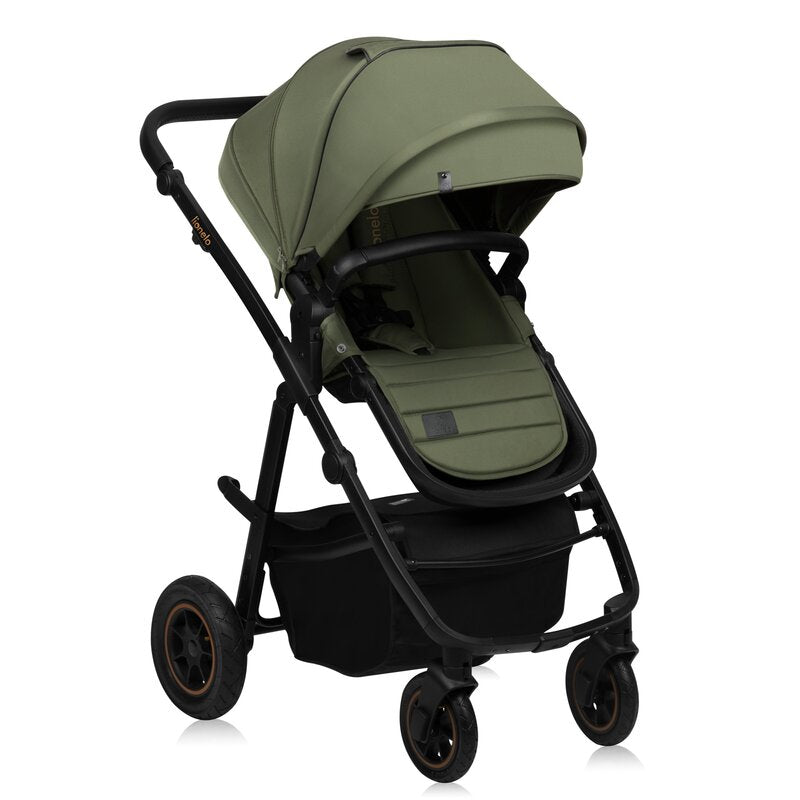Carucior 3 in 1, Lionelo, Amber Plus, Cadru aluminiu, Cu landou intarit si salteluta moale, Cu scoica auto testata ADAC, Reversibil, Maner ajustabil, Cu accesorii, Cu ventilatie panoramica 3D, Pana la 22 kg, EN1888-1, EN1888-2, EN1466, ECE R129, Verde