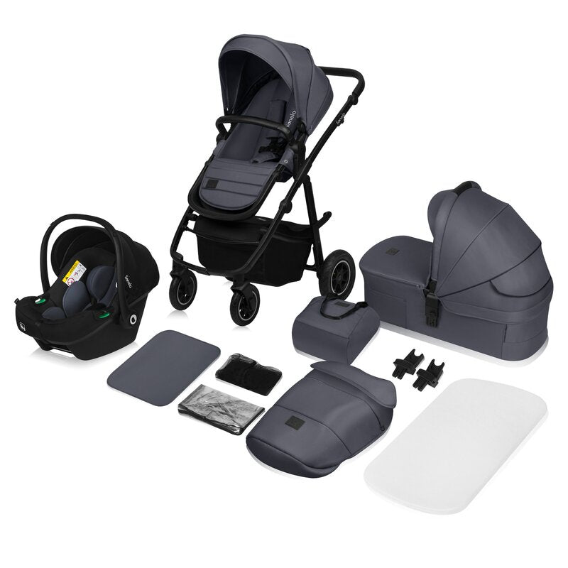 Carucior 3 in 1, Lionelo, Amber Plus, Cadru aluminiu, Cu landou intarit si salteluta moale, Cu scoica auto testata ADAC, Reversibil, Maner ajustabil, Cu accesorii, Cu ventilatie panoramica 3D, Pana la 22 kg, EN1888-1, EN1888-2, EN1466, ECE R129, Gri