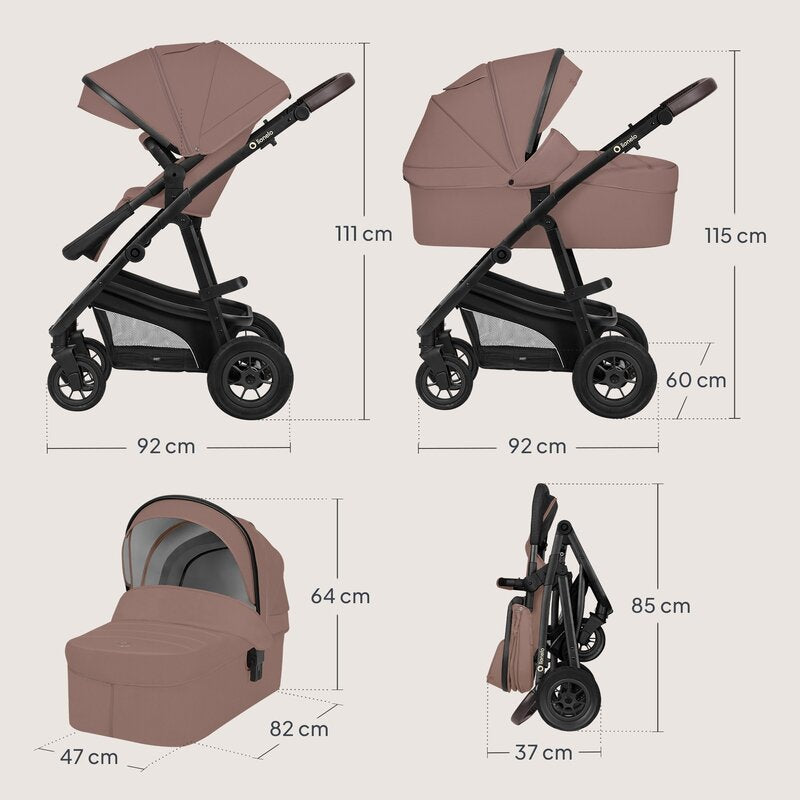 Carucior 3 in 1, Lionelo, Bianka, Transformabil, Cadru aluminiu, Cu landou si salteluta moale, Cu scoica auto, Cu multiple accesorii, Sustine 22 kg, 0 luni+, EN1466:2014+AC:2015, EN1888, Bej Taupe