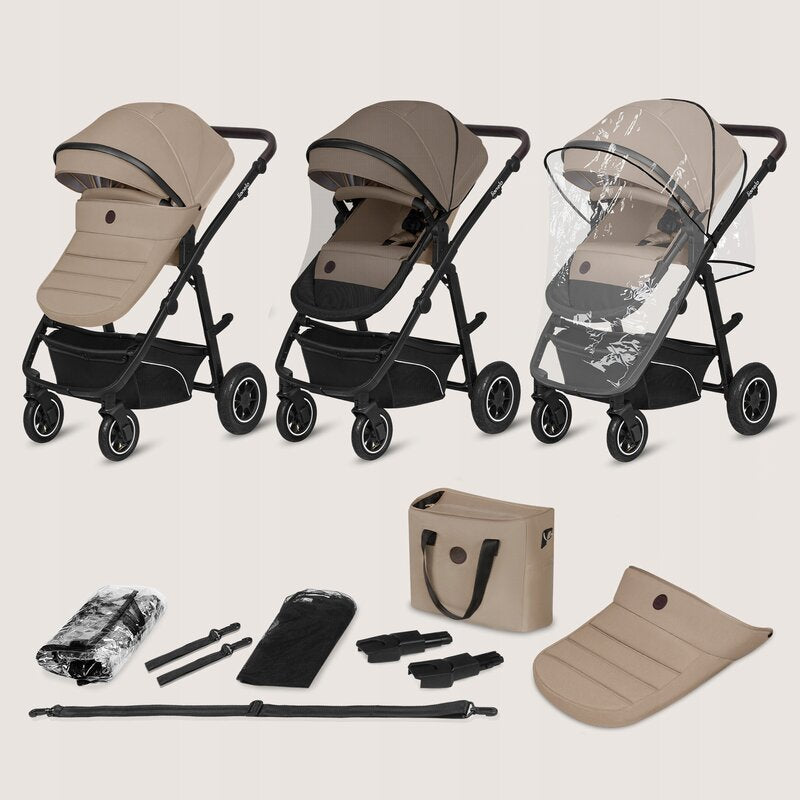 Carucior 3 in 1, Lionelo, Bianka, Transformabil, Cadru aluminiu, Cu landou si salteluta moale, Cu scoica auto, Cu multiple accesorii, Sustine 22 kg, 0 luni+, EN1466:2014+AC:2015, EN1888, Bej