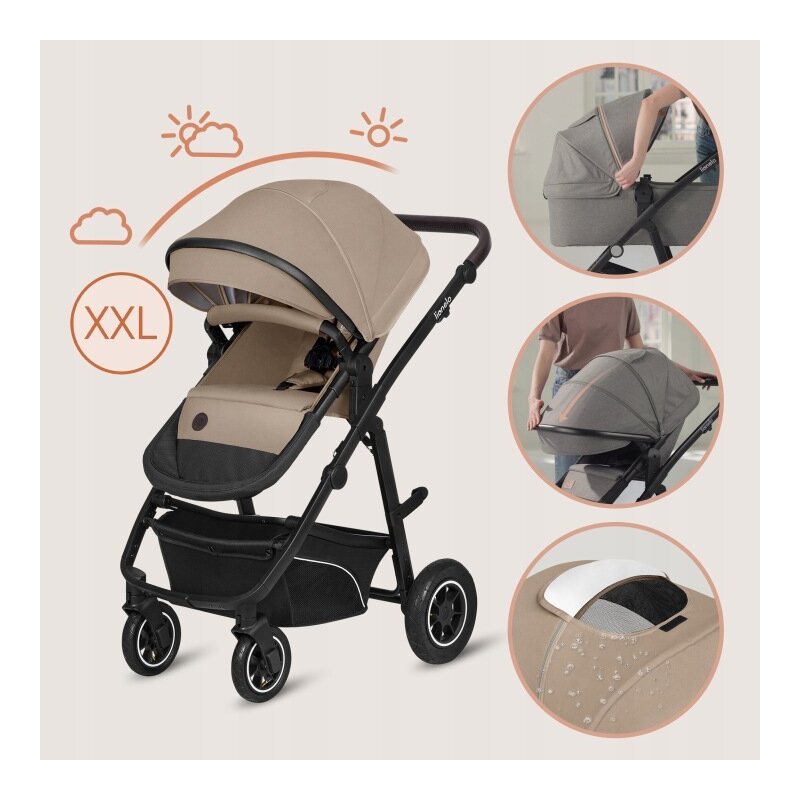 Carucior 3 in 1, Lionelo, Bianka, Transformabil, Cadru aluminiu, Cu landou si salteluta moale, Cu scoica auto, Cu multiple accesorii, Sustine 22 kg, 0 luni+, EN1466:2014+AC:2015, EN1888, Bej