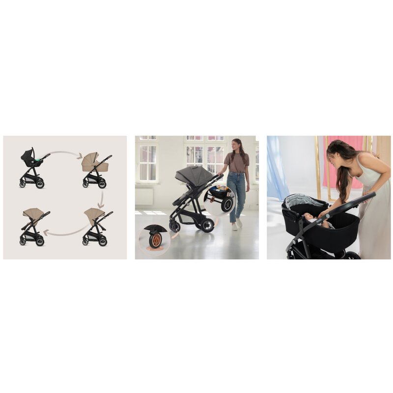Carucior 3 in 1, Lionelo, Bianka, Transformabil, Cadru aluminiu, Cu landou si salteluta moale, Cu scoica auto, Cu multiple accesorii, Sustine 22 kg, 0 luni+, EN1466:2014+AC:2015, EN1888, Bej - gogobaby.ro