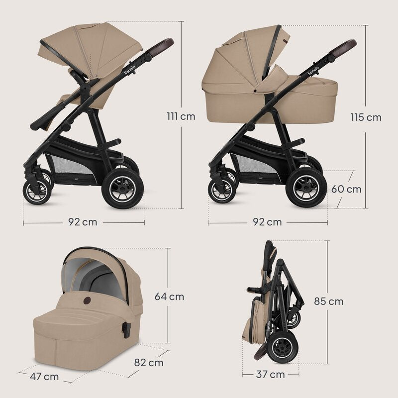 Carucior 3 in 1, Lionelo, Bianka, Transformabil, Cadru aluminiu, Cu landou si salteluta moale, Cu scoica auto, Cu multiple accesorii, Sustine 22 kg, 0 luni+, EN1466:2014+AC:2015, EN1888, Bej
