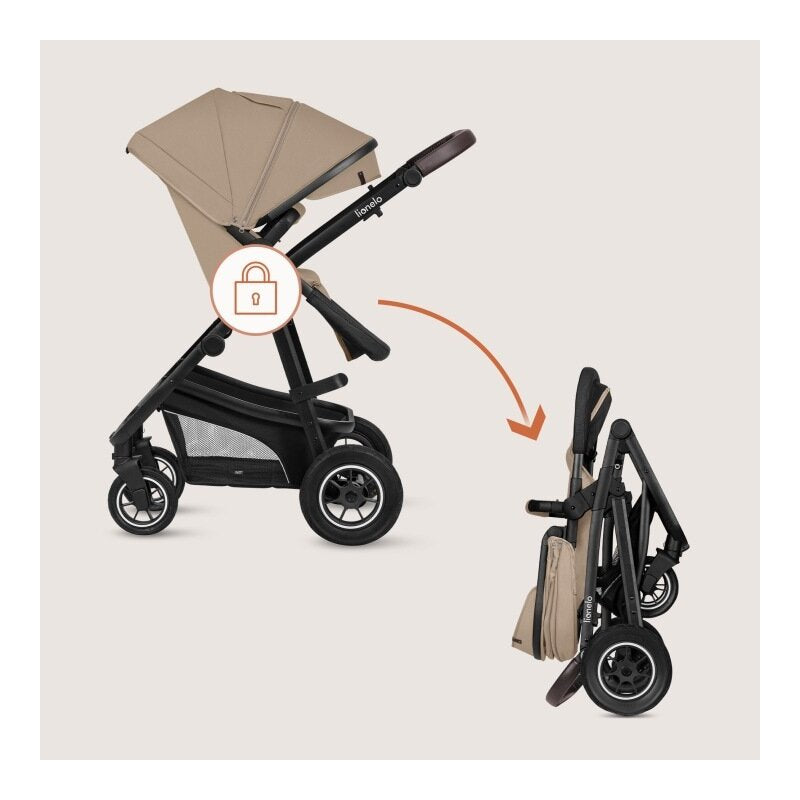 Carucior 3 in 1, Lionelo, Bianka, Transformabil, Cadru aluminiu, Cu landou si salteluta moale, Cu scoica auto, Cu multiple accesorii, Sustine 22 kg, 0 luni+, EN1466:2014+AC:2015, EN1888, Bej