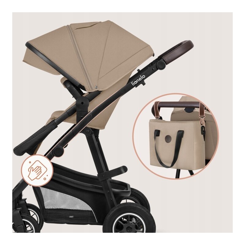 Carucior 3 in 1, Lionelo, Bianka, Transformabil, Cadru aluminiu, Cu landou si salteluta moale, Cu scoica auto, Cu multiple accesorii, Sustine 22 kg, 0 luni+, EN1466:2014+AC:2015, EN1888, Bej