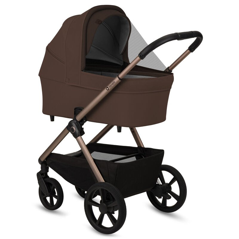 Carucior 3 in 1, Lionelo, Carmine, Cu scoica ADAC, Landou anti-reflux, Salteluta ventilata, Reglare spatar in 3 pozitii, Suport de picioare in 3 pozitii, Maner reglabil in 5 pozitii, Sustine 22 kg, Cu accesorii, 0 luni+, Ciocolatiu