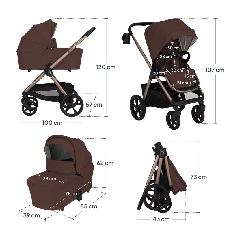 Carucior 3 in 1, Lionelo, Carmine, Cu scoica ADAC, Landou anti-reflux, Salteluta ventilata, Reglare spatar in 3 pozitii, Suport de picioare in 3 pozitii, Maner reglabil in 5 pozitii, Sustine 22 kg, Cu accesorii, 0 luni+, Ciocolatiu
