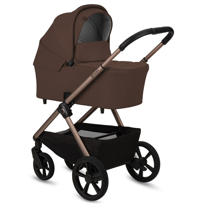 Carucior 3 in 1, Lionelo, Carmine, Cu scoica ADAC, Landou anti-reflux, Salteluta ventilata, Reglare spatar in 3 pozitii, Suport de picioare in 3 pozitii, Maner reglabil in 5 pozitii, Sustine 22 kg, Cu accesorii, 0 luni+, Ciocolatiu