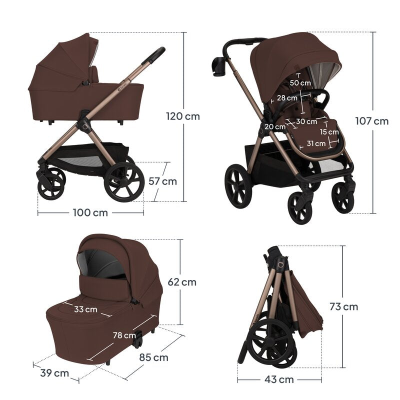 Carucior 3 in 1, Lionelo, Carmine, Cu scoica ADAC, Landou anti-reflux, Salteluta ventilata, Reglare spatar in 3 pozitii, Suport de picioare in 3 pozitii, Maner reglabil in 5 pozitii, Sustine 22 kg, Cu accesorii, 0 luni+, Ciocolatiu