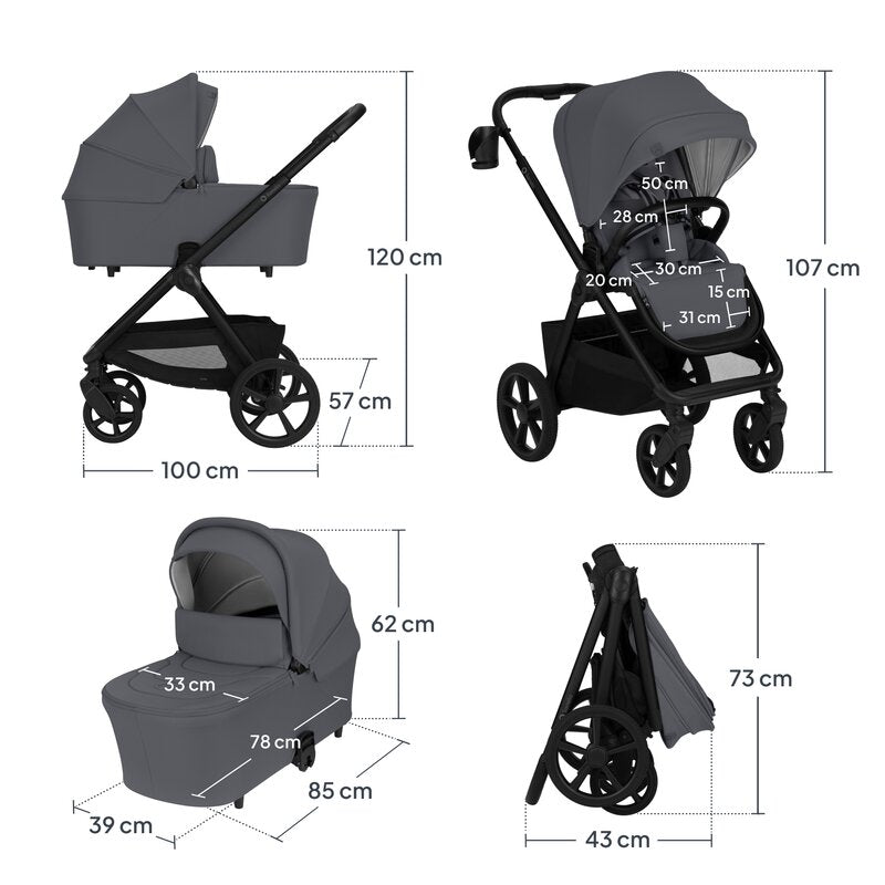 Carucior 3 in 1, Lionelo, Carmine, Cu scoica ADAC, Landou anti-reflux, Salteluta ventilata, Reglare spatar in 3 pozitii, Suport de picioare in 3 pozitii, Maner reglabil in 5 pozitii, Sustine 22 kg, Cu accesorii, 0 luni+, Gri