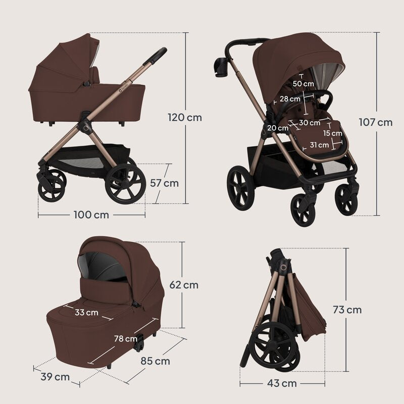 Carucior 3 in 1, Lionelo, Carmine, Cu scoica ADAC, Landou anti-reflux, Salteluta ventilata, Reglare spatar in 3 pozitii, Suport de picioare in 3 pozitii, Maner reglabil in 5 pozitii, Sustine 22 kg, Cu accesorii, 0 luni+, Ciocolatiu