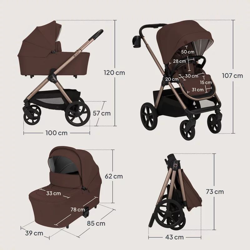 Carucior 3 in 1, Lionelo, Carmine, Cu scoica ADAC, Landou anti-reflux, Salteluta ventilata, Reglare spatar in 3 pozitii, Suport de picioare in 3 pozitii, Maner reglabil in 5 pozitii, Sustine 22 kg, Cu accesorii, 0 luni+, Ciocolatiu