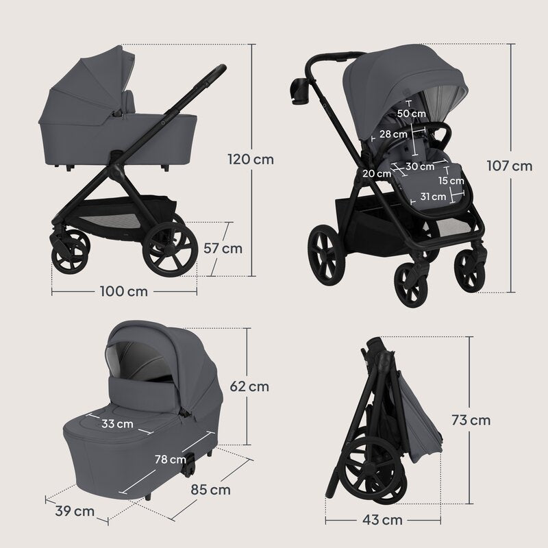 Carucior 3 in 1, Lionelo, Carmine, Cu scoica ADAC, Landou anti-reflux, Salteluta ventilata, Reglare spatar in 3 pozitii, Suport de picioare in 3 pozitii, Maner reglabil in 5 pozitii, Sustine 22 kg, Cu accesorii, 0 luni+, Gri