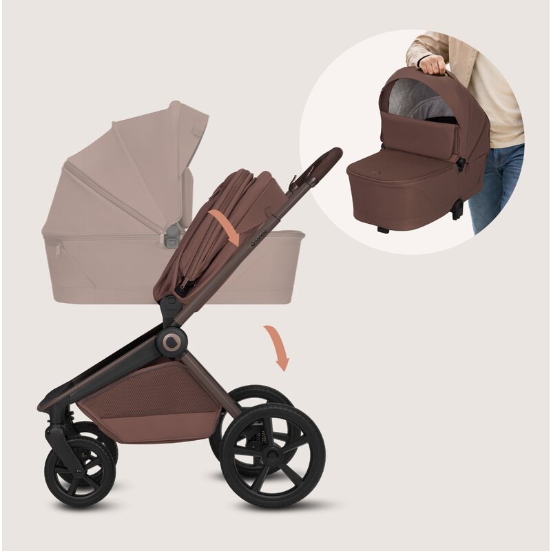 Carucior 3 in 1, Lionelo, Freya, Cu scoica ADAC, Landou si salteluta ventilate, Pliabil, Reglare spatar in 3 pozitii, Suport de picioare in 4 pozitii, Maner reglabil in 3 pozitii, Sustine 22 kg, Cu accesorii, 0 luni+, Maro
