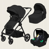 Carucior 3 in 1, Lionelo, Greet, Pana la 15 kg, Cadru aluminiu, Cu landou si salteluta moale, Cu scoica auto, Reversibil, Cu accesorii, Maner, suport pentru picioare, spatar reglabile, Negru