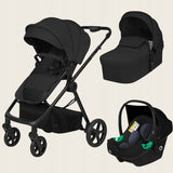 Carucior 3 in 1, Lionelo, Greet, Pana la 15 kg, Cadru aluminiu, Cu landou si salteluta moale, Cu scoica auto, Reversibil, Cu accesorii, Maner, suport pentru picioare, spatar reglabile, Negru