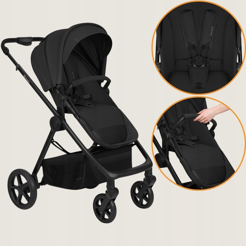 Carucior 3 in 1, Lionelo, Greet, Pana la 15 kg, Cadru aluminiu, Cu landou si salteluta moale, Cu scoica auto, Reversibil, Cu accesorii, Maner, suport pentru picioare, spatar reglabile, Negru