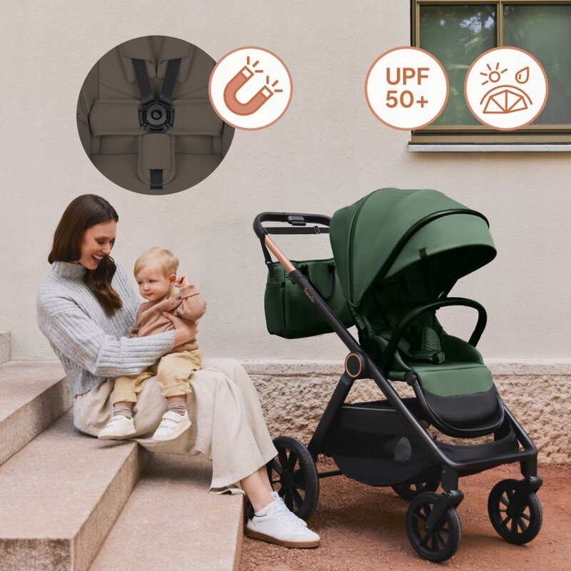 Carucior 3 in 1, Lionelo, Layla, Pana la 22 kg, Cadru aluminiu, Cu landou intarit si salteluta din spuma AirDots, Cu scoica auto testata ADAC, Reversibil, Cu ventilatie 3D, Cu accesorii, EN1888-1, EN1888-2, EN1466, Bej Taupe