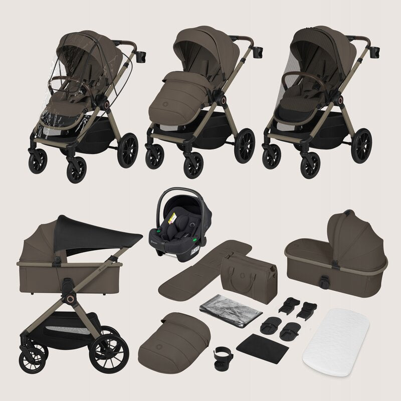 Carucior 3 in 1, Lionelo, Layla, Pana la 22 kg, Cadru aluminiu, Cu landou intarit si salteluta din spuma AirDots, Cu scoica auto testata ADAC, Reversibil, Cu ventilatie 3D, Cu accesorii, EN1888-1, EN1888-2, EN1466, Bej Taupe
