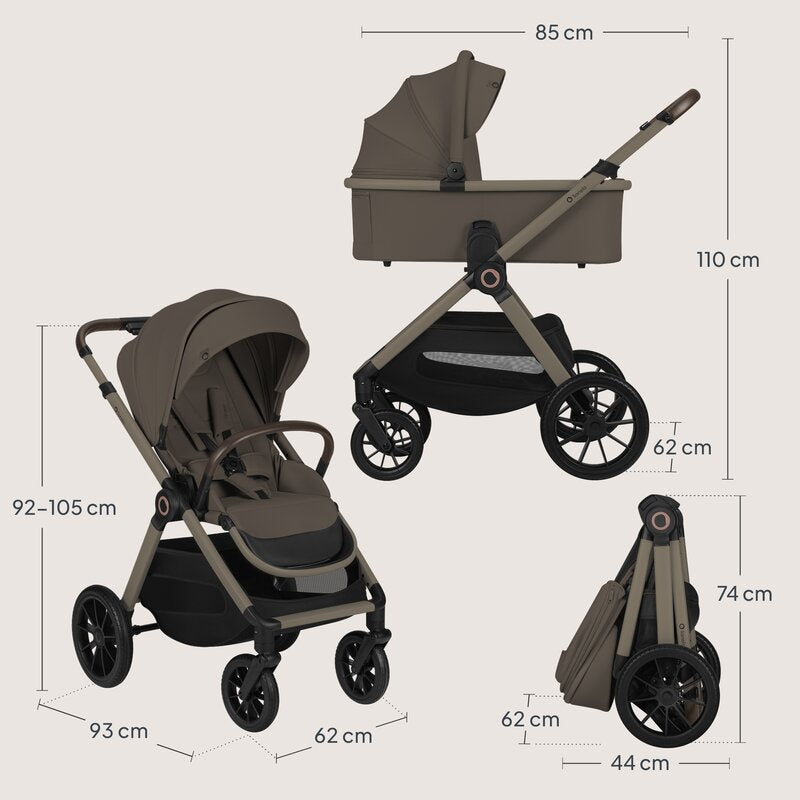Carucior 3 in 1, Lionelo, Layla, Pana la 22 kg, Cadru aluminiu, Cu landou intarit si salteluta din spuma AirDots, Cu scoica auto testata ADAC, Reversibil, Cu ventilatie 3D, Cu accesorii, EN1888-1, EN1888-2, EN1466, Bej Taupe