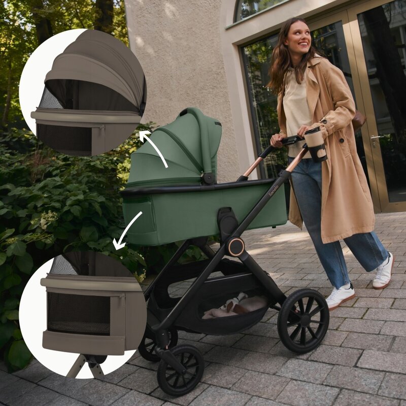 Carucior 3 in 1, Lionelo, Layla, Pana la 22 kg, Cadru aluminiu, Cu landou intarit si salteluta din spuma AirDots, Cu scoica auto testata ADAC, Reversibil, Cu ventilatie 3D, Cu accesorii, EN1888-1, EN1888-2, EN1466, Bej Taupe