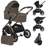 Carucior 3 in 1, Lionelo, Layla, Pana la 22 kg, Cadru aluminiu, Cu landou intarit si salteluta din spuma AirDots, Cu scoica auto testata ADAC, Reversibil, Cu ventilatie 3D, Cu accesorii, EN1888-1, EN1888-2, EN1466, Bej Taupe