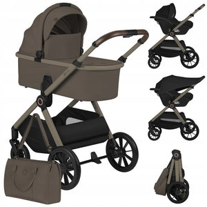 Carucior 3 in 1, Lionelo, Layla, Pana la 22 kg, Cadru aluminiu, Cu landou intarit si salteluta din spuma AirDots, Cu scoica auto testata ADAC, Reversibil, Cu ventilatie 3D, Cu accesorii, EN1888-1, EN1888-2, EN1466, Bej Taupe