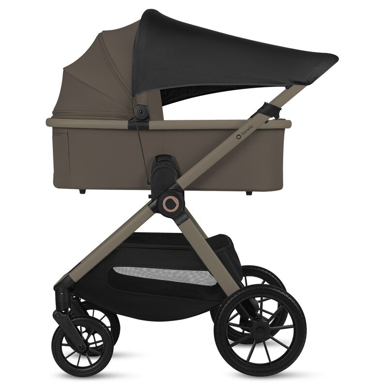 Carucior 3 in 1, Lionelo, Layla, Pana la 22 kg, Cadru aluminiu, Cu landou intarit si salteluta din spuma AirDots, Cu scoica auto testata ADAC, Reversibil, Cu ventilatie 3D, Cu accesorii, EN1888-1, EN1888-2, EN1466, Bej Taupe