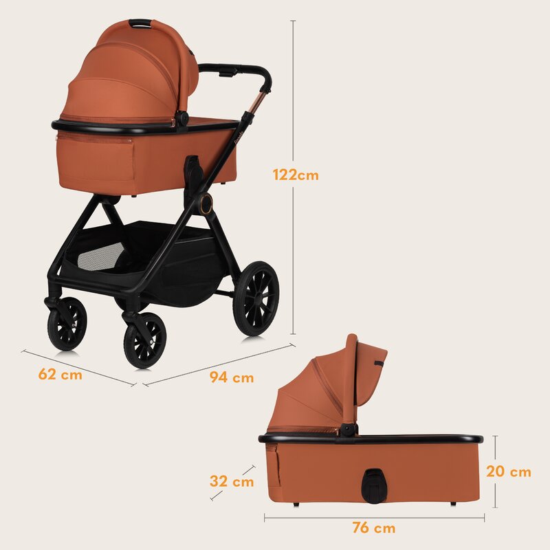 Carucior 3 in 1, Lionelo, Layla, Pana la 22 kg, Cadru aluminiu, Cu landou intarit si salteluta din spuma AirDots, Cu scoica auto testata ADAC, Reversibil, Cu ventilatie 3D, Cu accesorii, EN1888-1, EN1888-2, EN1466, Maro