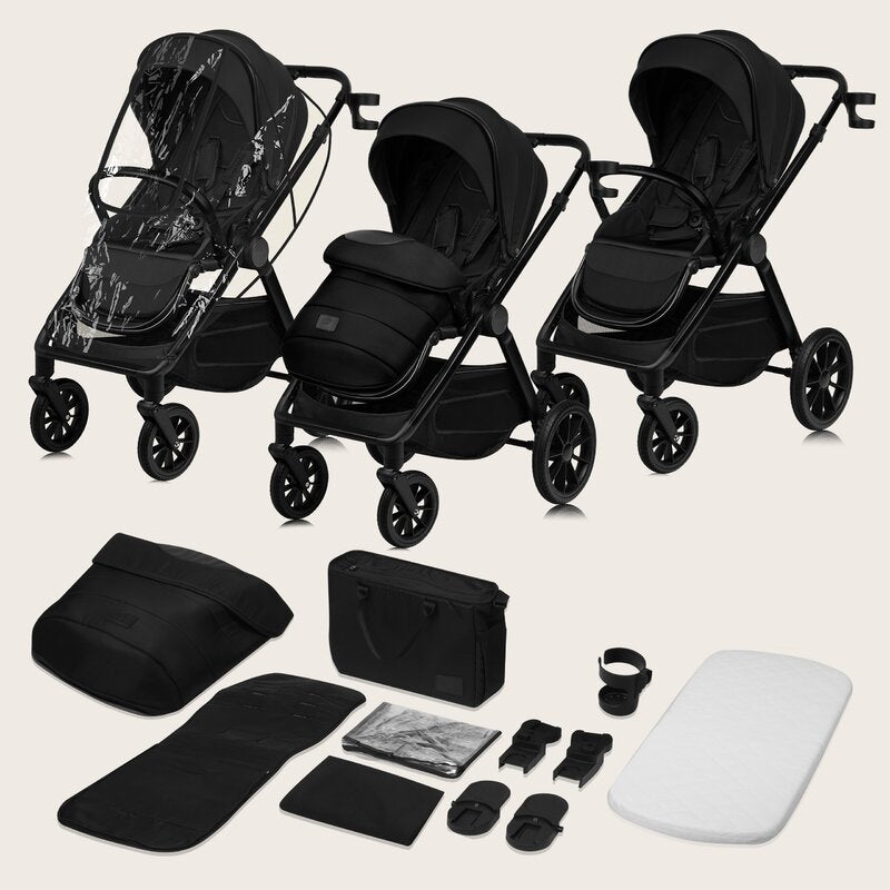 Carucior 3 in 1, Lionelo, Layla, Pana la 22 kg, Cadru aluminiu, Cu landou intarit si salteluta din spuma AirDots, Cu scoica auto testata ADAC, Reversibil, Cu ventilatie 3D, Cu accesorii, EN1888-1, EN1888-2, EN1466, Negru