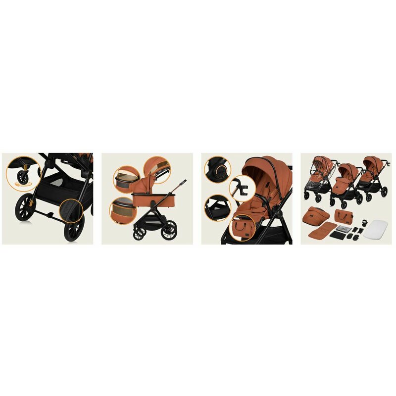 Carucior 3 in 1, Lionelo, Layla, Pana la 22 kg, Cadru aluminiu, Cu landou intarit si salteluta din spuma AirDots, Cu scoica auto testata ADAC, Reversibil, Cu ventilatie 3D, Cu accesorii, EN1888-1, EN1888-2, EN1466, Maro