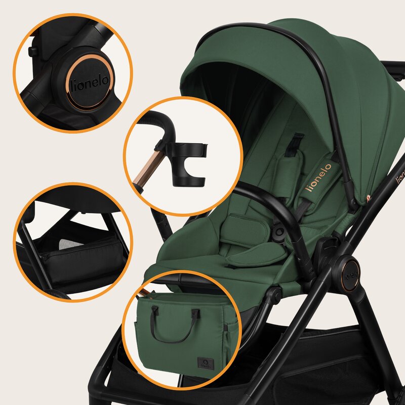 Carucior 3 in 1, Lionelo, Layla, Pana la 22 kg, Cadru aluminiu, Cu landou intarit si salteluta din spuma AirDots, Cu scoica auto testata ADAC, Reversibil, Cu ventilatie 3D, Cu accesorii, EN1888-1, EN1888-2, EN1466, Verde