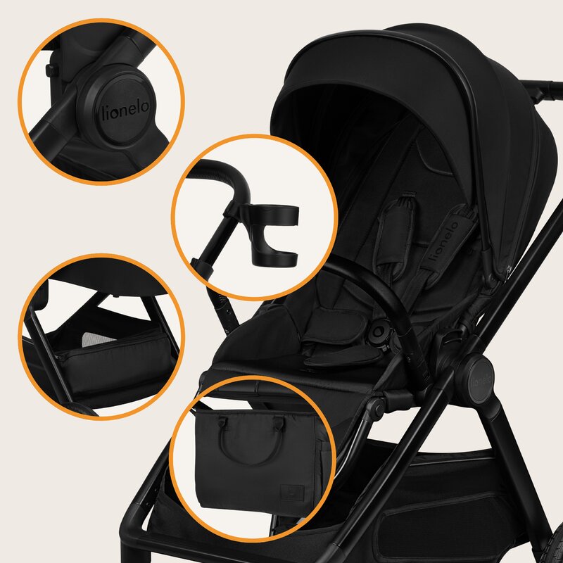 Carucior 3 in 1, Lionelo, Layla, Pana la 22 kg, Cadru aluminiu, Cu landou intarit si salteluta din spuma AirDots, Cu scoica auto testata ADAC, Reversibil, Cu ventilatie 3D, Cu accesorii, EN1888-1, EN1888-2, EN1466, Negru