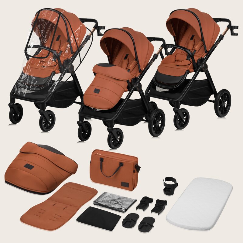 Carucior 3 in 1, Lionelo, Layla, Pana la 22 kg, Cadru aluminiu, Cu landou intarit si salteluta din spuma AirDots, Cu scoica auto testata ADAC, Reversibil, Cu ventilatie 3D, Cu accesorii, EN1888-1, EN1888-2, EN1466, Maro