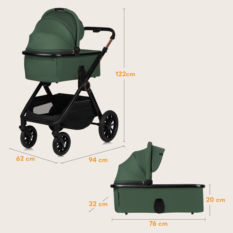 Carucior 3 in 1, Lionelo, Layla, Pana la 22 kg, Cadru aluminiu, Cu landou intarit si salteluta din spuma AirDots, Cu scoica auto testata ADAC, Reversibil, Cu ventilatie 3D, Cu accesorii, EN1888-1, EN1888-2, EN1466, Verde