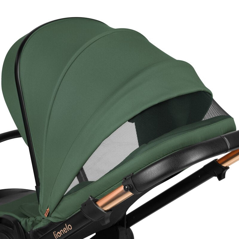 Carucior 3 in 1, Lionelo, Layla, Pana la 22 kg, Cadru aluminiu, Cu landou intarit si salteluta din spuma AirDots, Cu scoica auto testata ADAC, Reversibil, Cu ventilatie 3D, Cu accesorii, EN1888-1, EN1888-2, EN1466, Verde