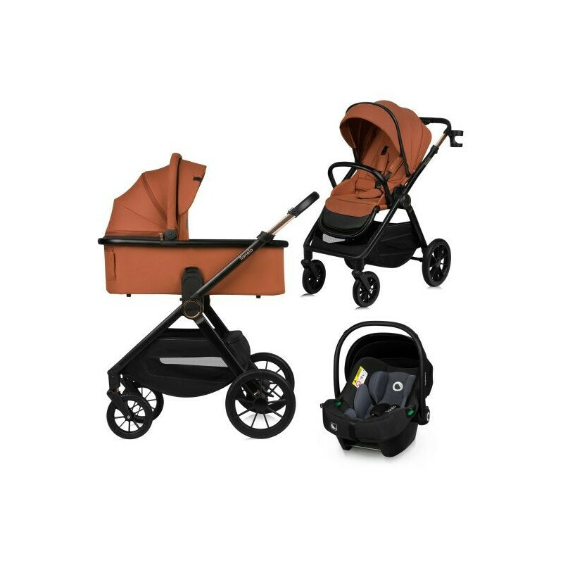 Carucior 3 in 1, Lionelo, Layla, Pana la 22 kg, Cadru aluminiu, Cu landou intarit si salteluta din spuma AirDots, Cu scoica auto testata ADAC, Reversibil, Cu ventilatie 3D, Cu accesorii, EN1888-1, EN1888-2, EN1466, Maro - gogobaby.ro