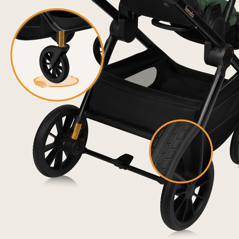 Carucior 3 in 1, Lionelo, Layla, Pana la 22 kg, Cadru aluminiu, Cu landou intarit si salteluta din spuma AirDots, Cu scoica auto testata ADAC, Reversibil, Cu ventilatie 3D, Cu accesorii, EN1888-1, EN1888-2, EN1466, Verde