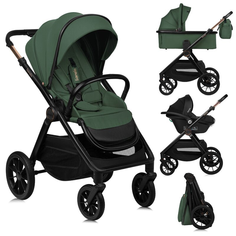 Carucior 3 in 1, Lionelo, Layla, Pana la 22 kg, Cadru aluminiu, Cu landou intarit si salteluta din spuma AirDots, Cu scoica auto testata ADAC, Reversibil, Cu ventilatie 3D, Cu accesorii, EN1888-1, EN1888-2, EN1466, Verde