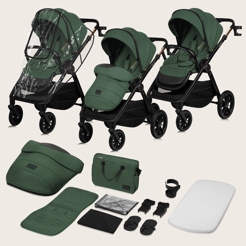 Carucior 3 in 1, Lionelo, Layla, Pana la 22 kg, Cadru aluminiu, Cu landou intarit si salteluta din spuma AirDots, Cu scoica auto testata ADAC, Reversibil, Cu ventilatie 3D, Cu accesorii, EN1888-1, EN1888-2, EN1466, Verde