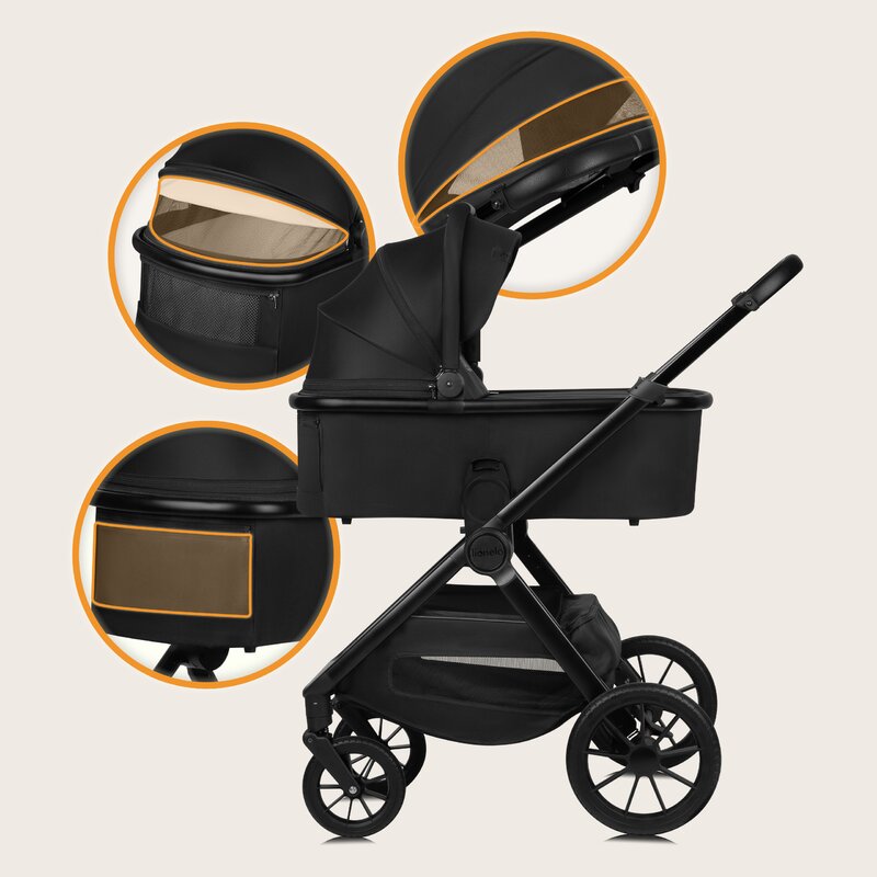 Carucior 3 in 1, Lionelo, Layla, Pana la 22 kg, Cadru aluminiu, Cu landou intarit si salteluta din spuma AirDots, Cu scoica auto testata ADAC, Reversibil, Cu ventilatie 3D, Cu accesorii, EN1888-1, EN1888-2, EN1466, Negru