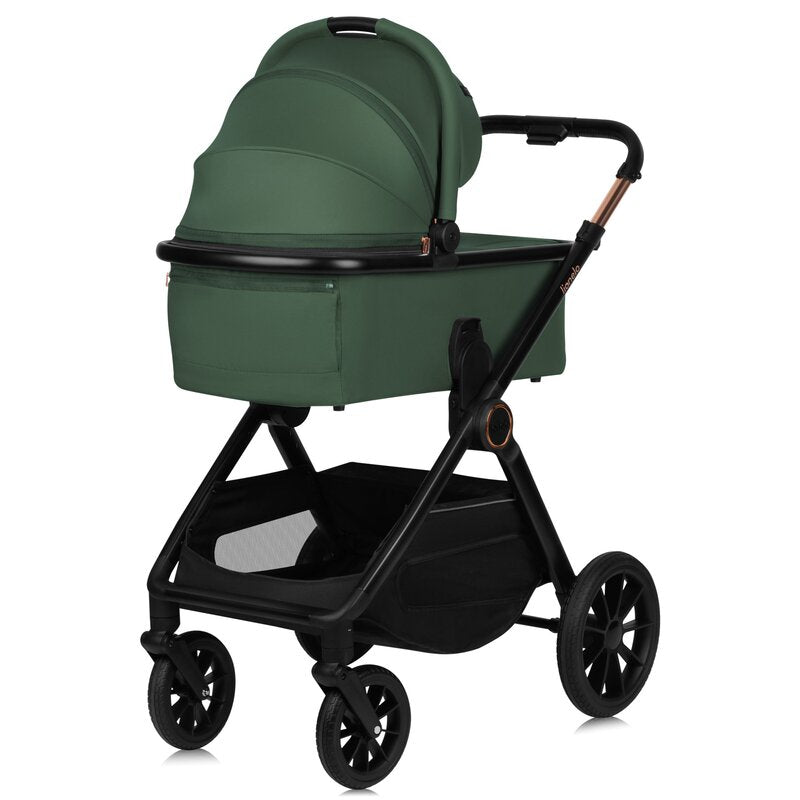 Carucior 3 in 1, Lionelo, Layla, Pana la 22 kg, Cadru aluminiu, Cu landou intarit si salteluta din spuma AirDots, Cu scoica auto testata ADAC, Reversibil, Cu ventilatie 3D, Cu accesorii, EN1888-1, EN1888-2, EN1466, Verde