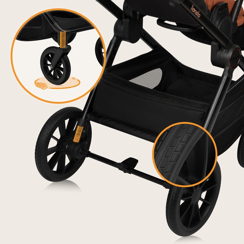 Carucior 3 in 1, Lionelo, Layla, Pana la 22 kg, Cadru aluminiu, Cu landou intarit si salteluta din spuma AirDots, Cu scoica auto testata ADAC, Reversibil, Cu ventilatie 3D, Cu accesorii, EN1888-1, EN1888-2, EN1466, Maro