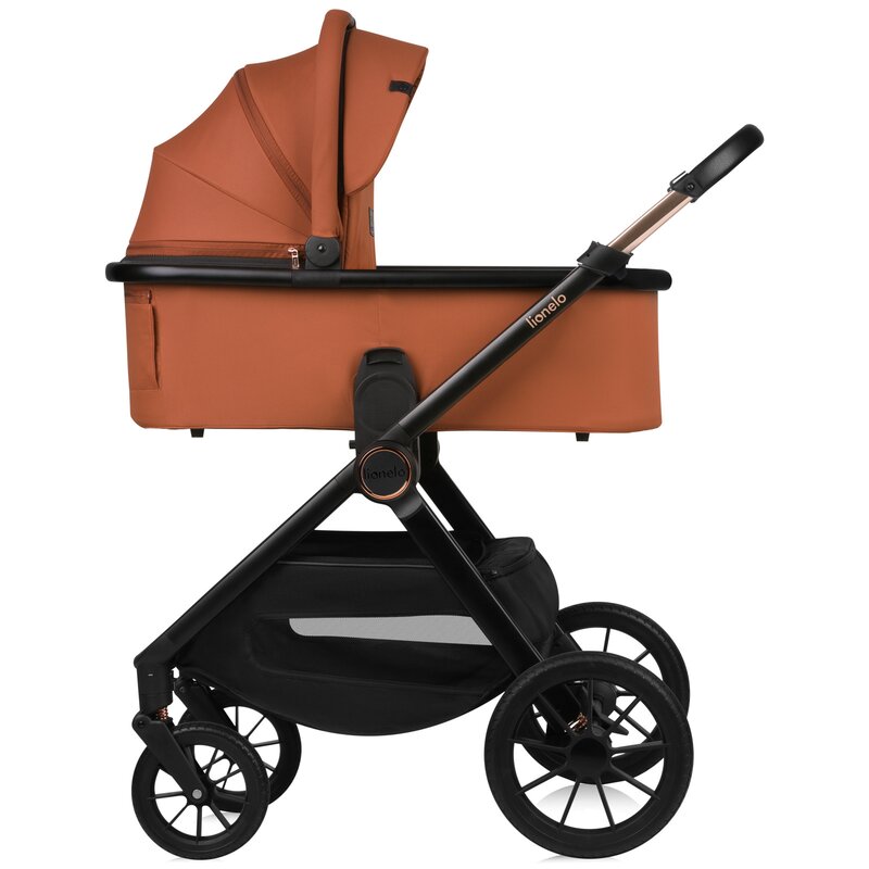 Carucior 3 in 1, Lionelo, Layla, Pana la 22 kg, Cadru aluminiu, Cu landou intarit si salteluta din spuma AirDots, Cu scoica auto testata ADAC, Reversibil, Cu ventilatie 3D, Cu accesorii, EN1888-1, EN1888-2, EN1466, Maro
