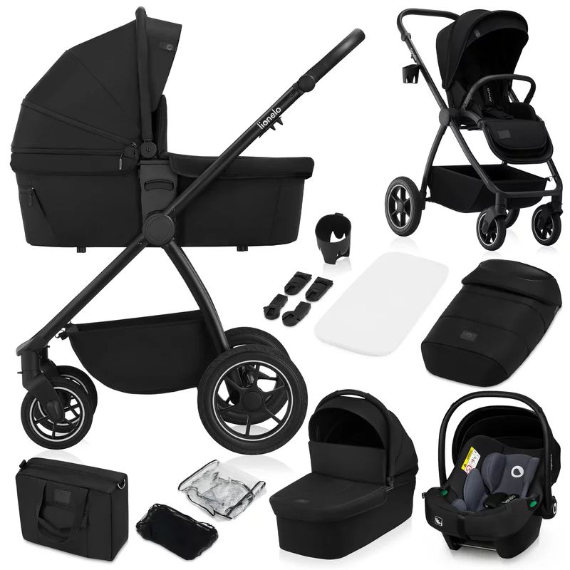 Carucior 3 in 1, Lionelo, Meril, Cu landou de dimensiune XL, Reversibil, Cu scoica auto testata ADAC, Cu accesorii, Pana la 22 kg, Conform cu EN1888-1 EN1888-2, EN1466, Negru - gogobaby.ro