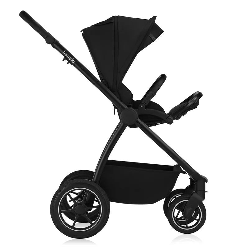 Carucior 3 in 1, Lionelo, Meril, Cu landou de dimensiune XL, Reversibil, Cu scoica auto testata ADAC, Cu accesorii, Pana la 22 kg, Conform cu EN1888-1 EN1888-2, EN1466, Negru - gogobaby.ro