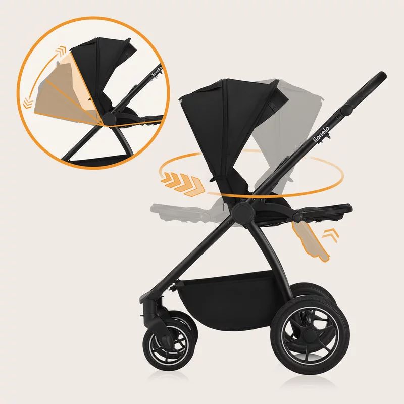 Carucior 3 in 1, Lionelo, Meril, Cu landou de dimensiune XL, Reversibil, Cu scoica auto testata ADAC, Cu accesorii, Pana la 22 kg, Conform cu EN1888-1 EN1888-2, EN1466, Negru - gogobaby.ro