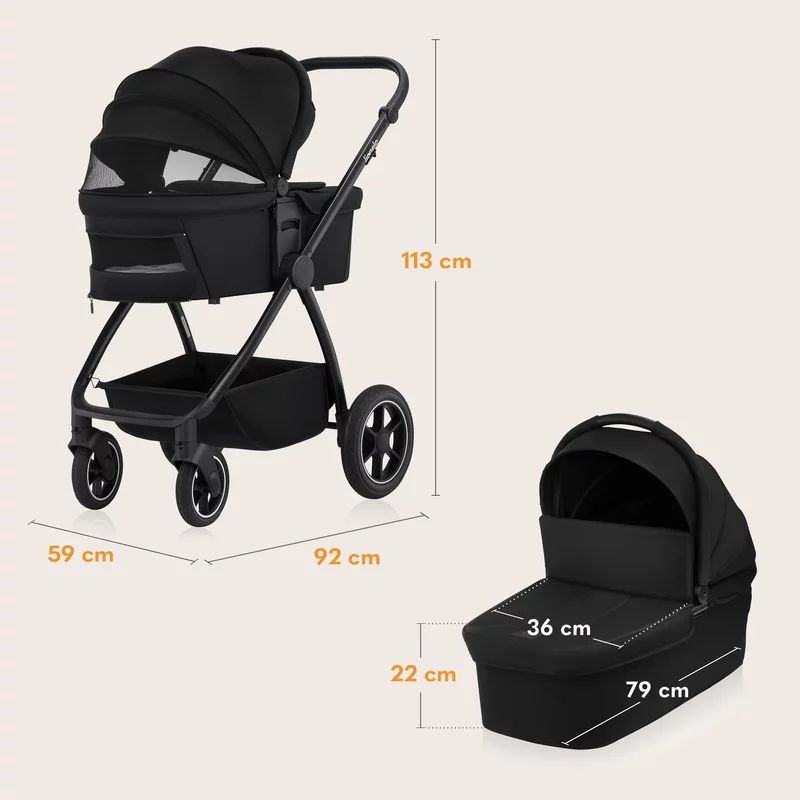 Carucior 3 in 1, Lionelo, Meril, Cu landou de dimensiune XL, Reversibil, Cu scoica auto testata ADAC, Cu accesorii, Pana la 22 kg, Conform cu EN1888-1 EN1888-2, EN1466, Negru - gogobaby.ro